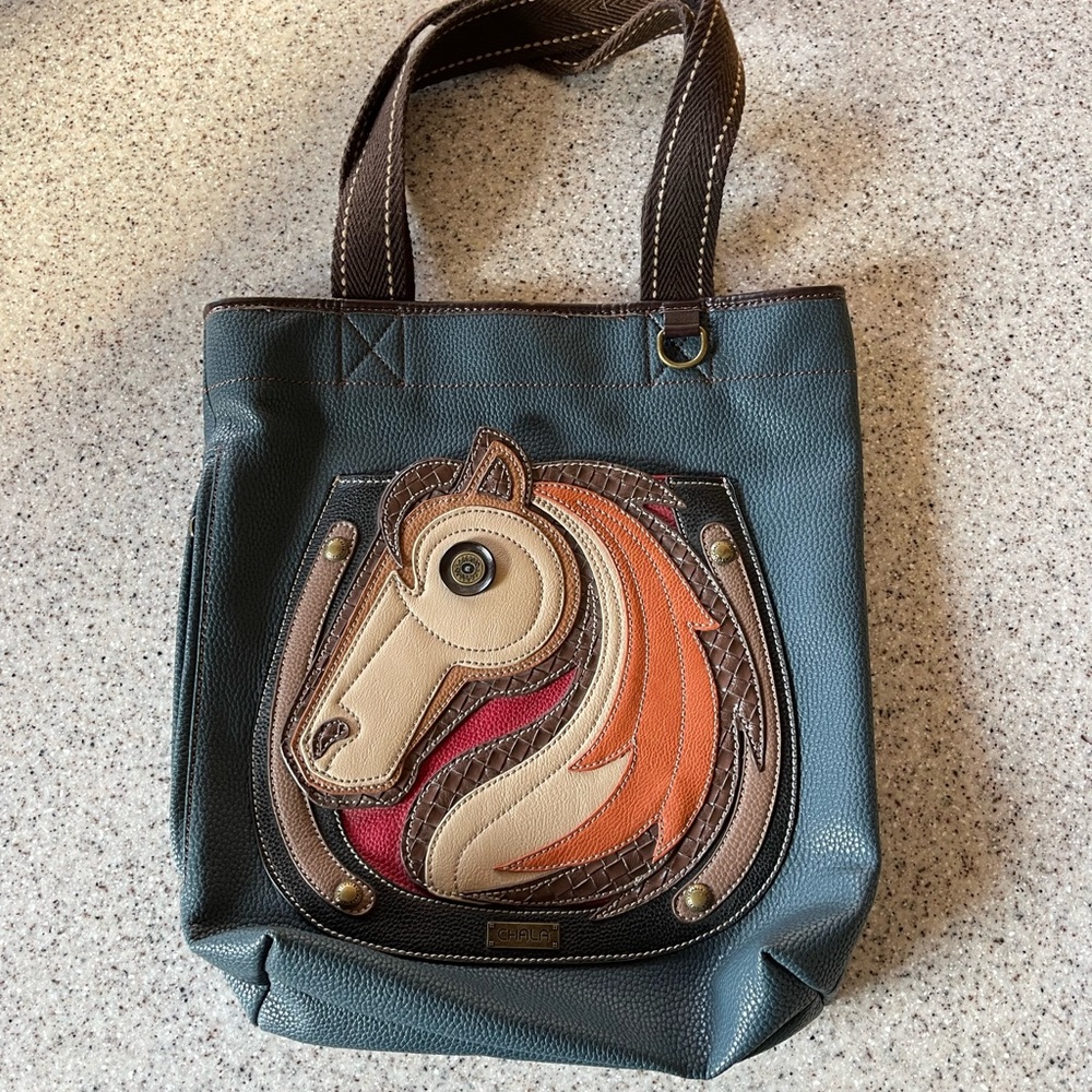 Chala Blue Brown Horse Tote Shoulder Bag & Charm